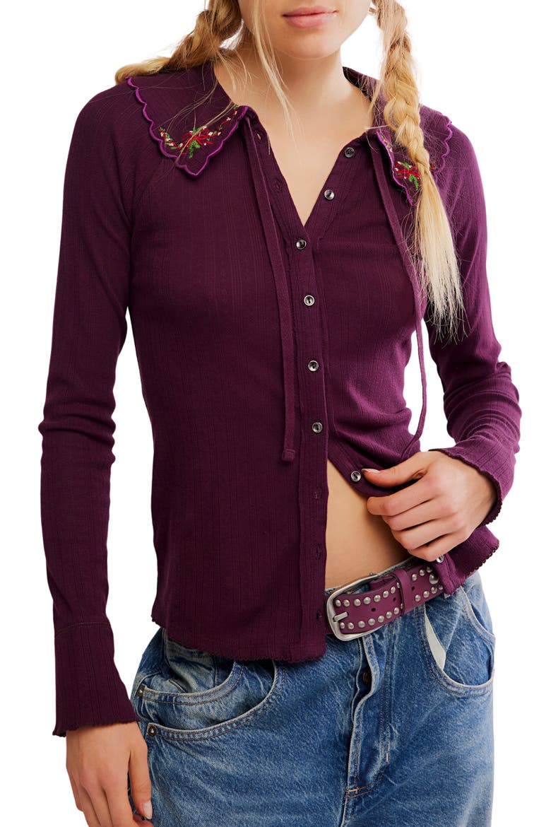 Juniper Embroidered Pointelle Cotton Button-Up Top, Main, color, VINTAGE GRAPE