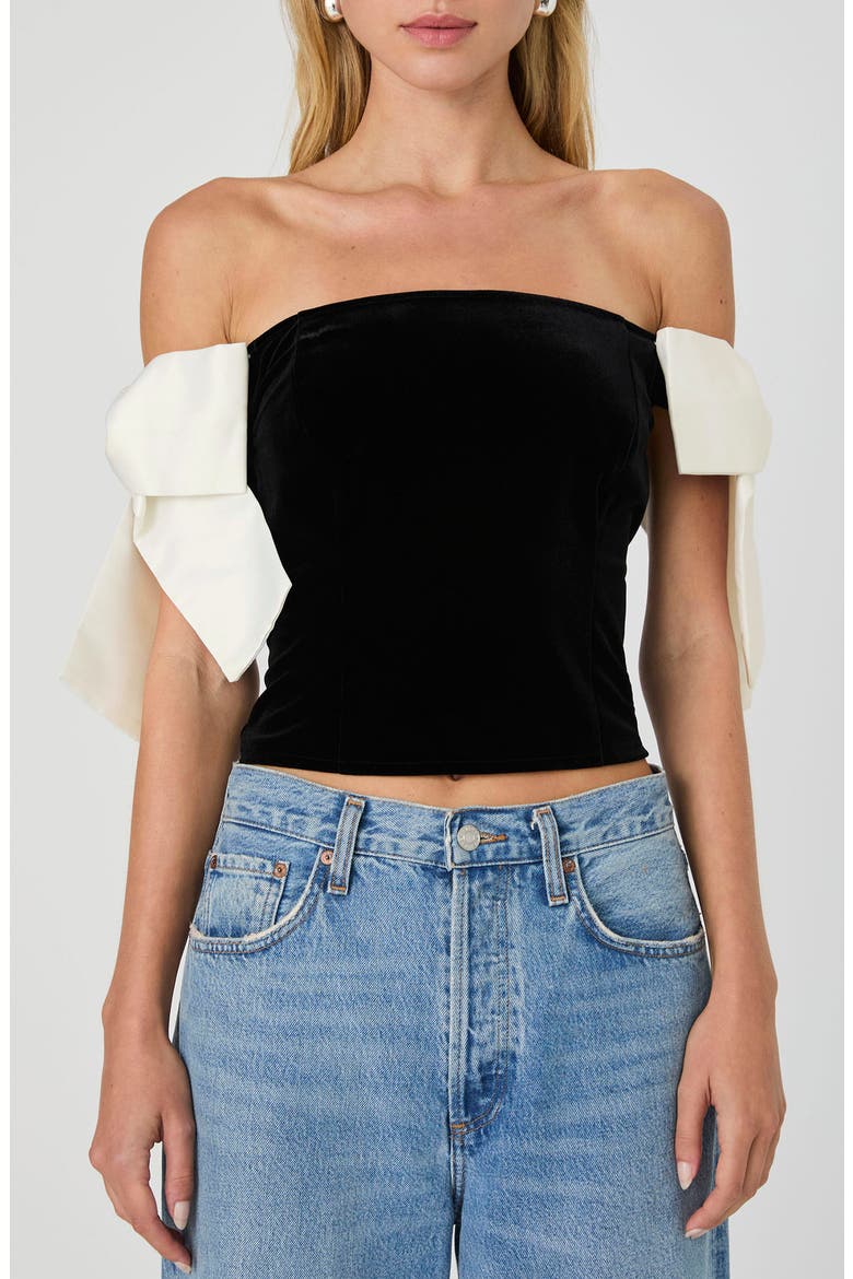 Carey Satin Bow Detail Off the Shoulder Velvet Crop Top, Main, color, BLACK-PORCELAIN CREAM