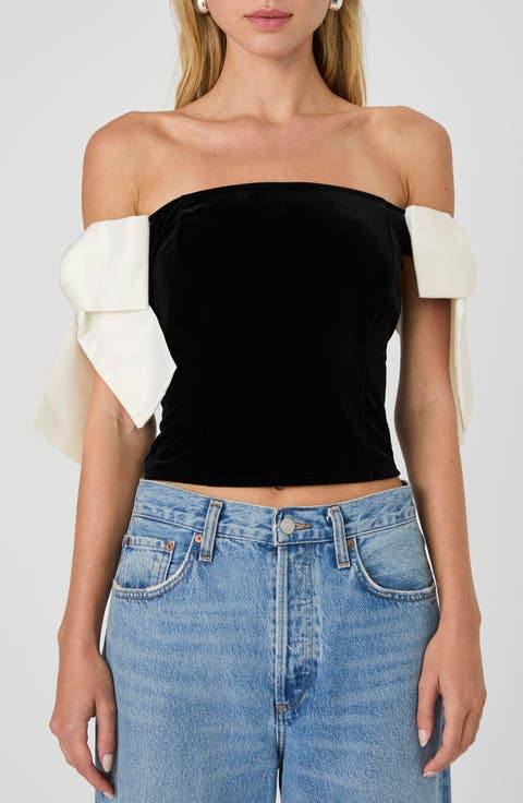 Carey Satin Bow Detail Off the Shoulder Velvet Crop Top