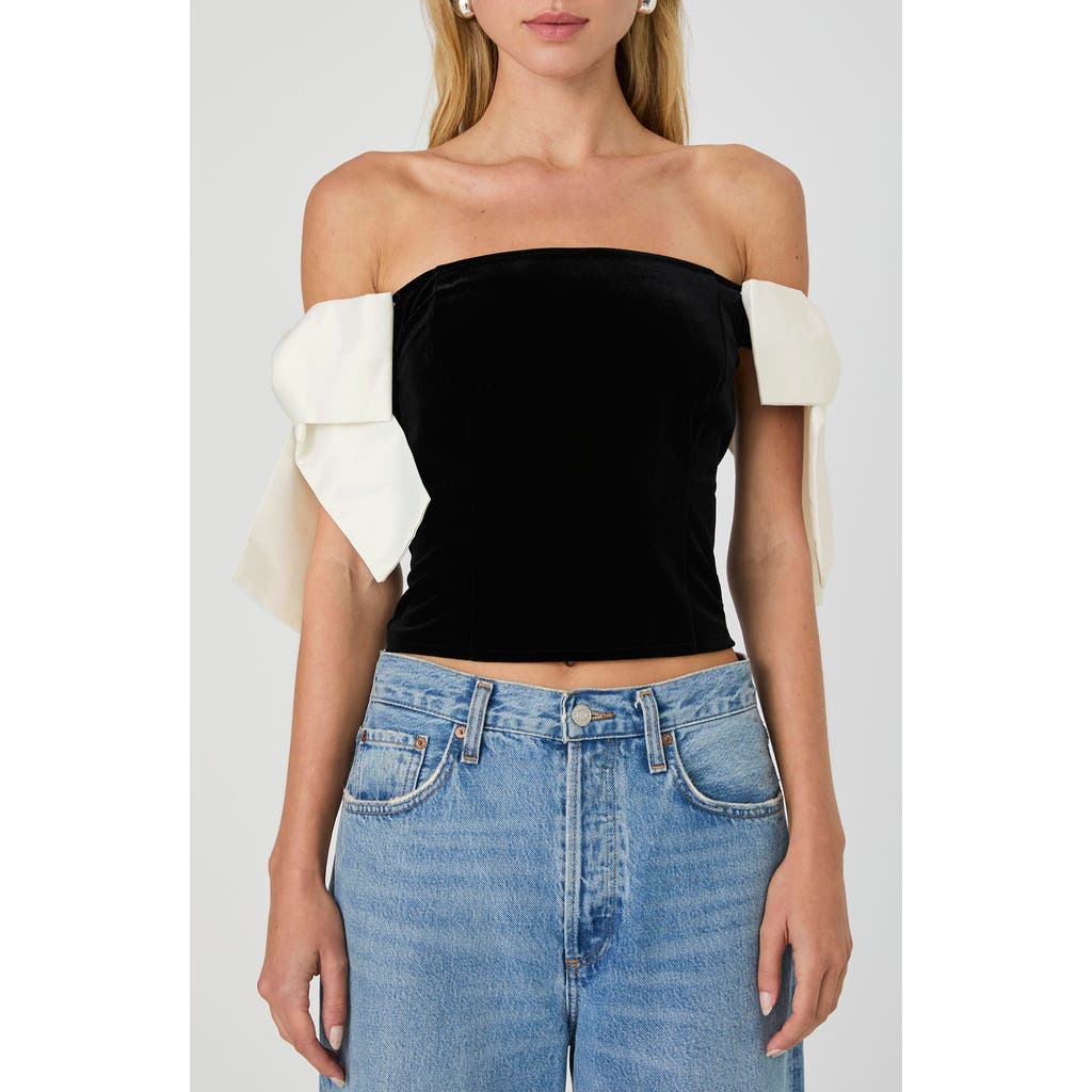 French Connection Carey Satin Bow Detail Off the Shoulder Velvet Crop Top in Black-Porcelain Cream