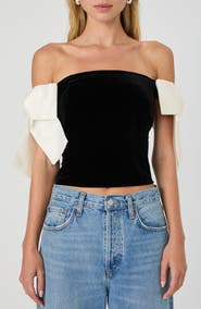 French Connection Carey Satin Bow Detail Off the Shoulder Velvet Crop Top
