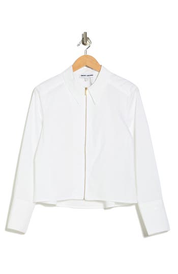 Dkny Jeans Long Sleeve Zip Front Crop Poplin Shirt In White