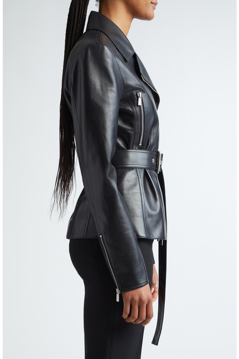 Belted Plongé Leather Moto Jacket, Alternate, color, BLACK