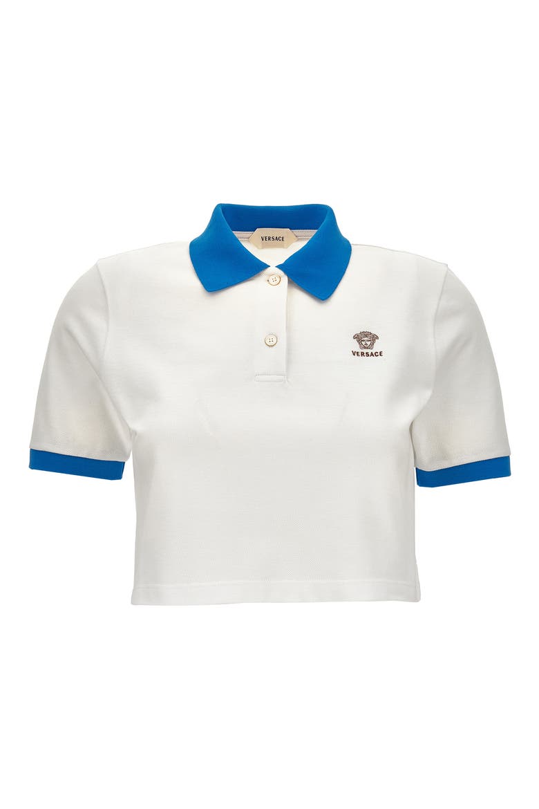 Gender Inclusive Embroidered Medusa Cotton Piqué Crop Polo, Main, color, WHITE AZURE BLUE