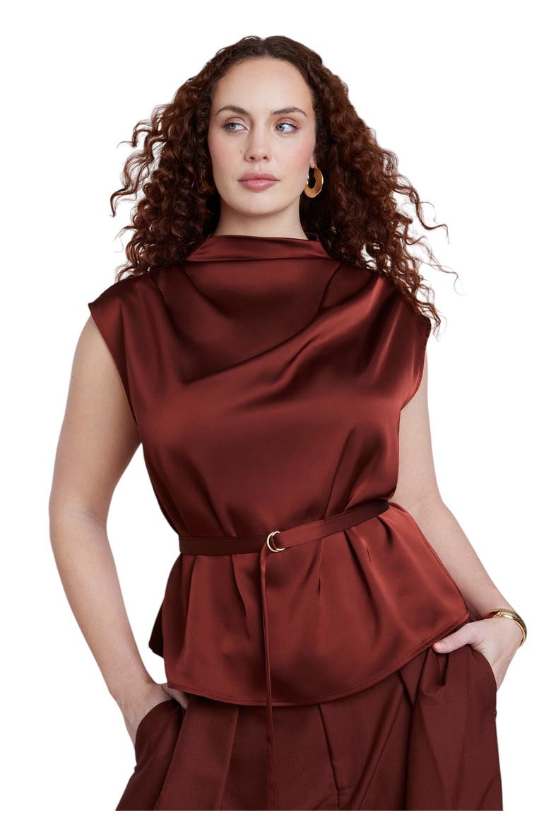 Satin Cowl Neck Belted Top (plus), Alternate, color, FIRED BRICK