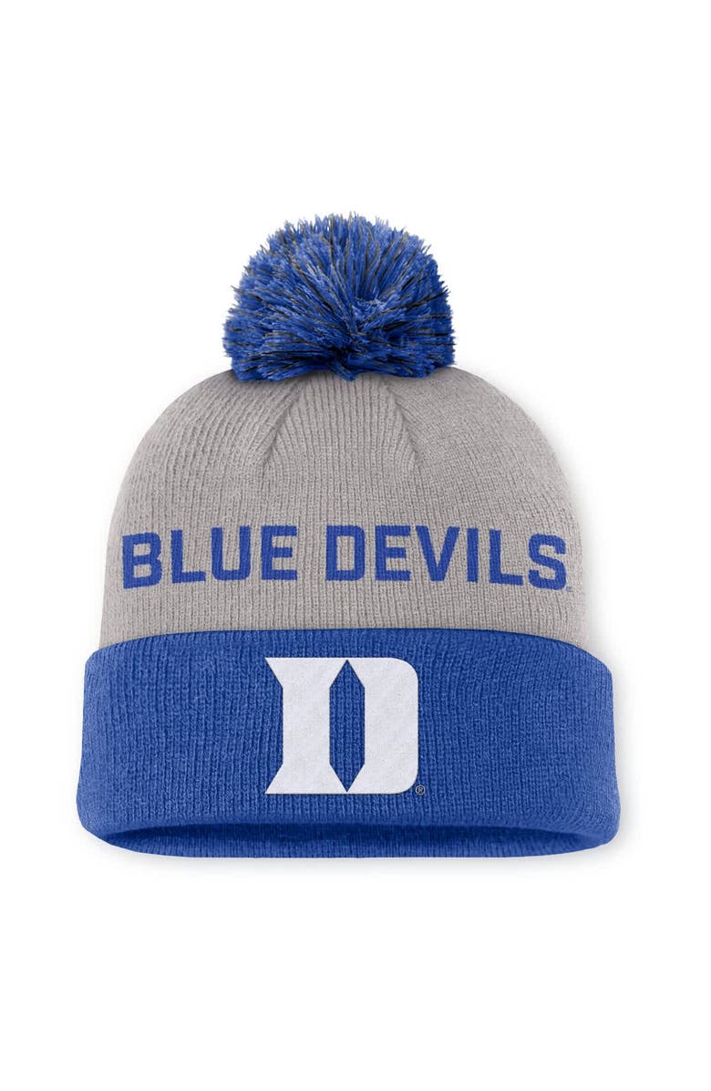 Nike Men's Nike Gray/Royal Duke Blue Devils Primetime Peak Cuffed Knit Hat with Pom, Main, color, Gray