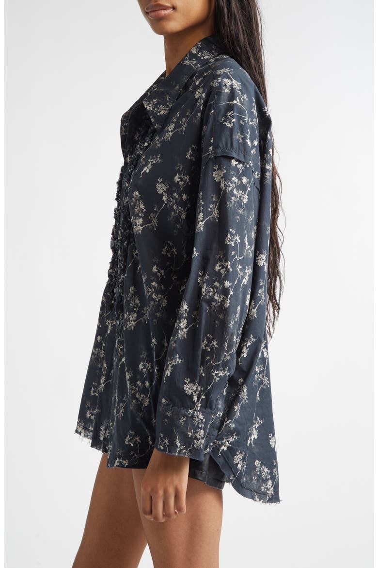 Floral Print Ruffle Cotton Button-Up Shirt, Alternate, color, FLORAL ON BLACK