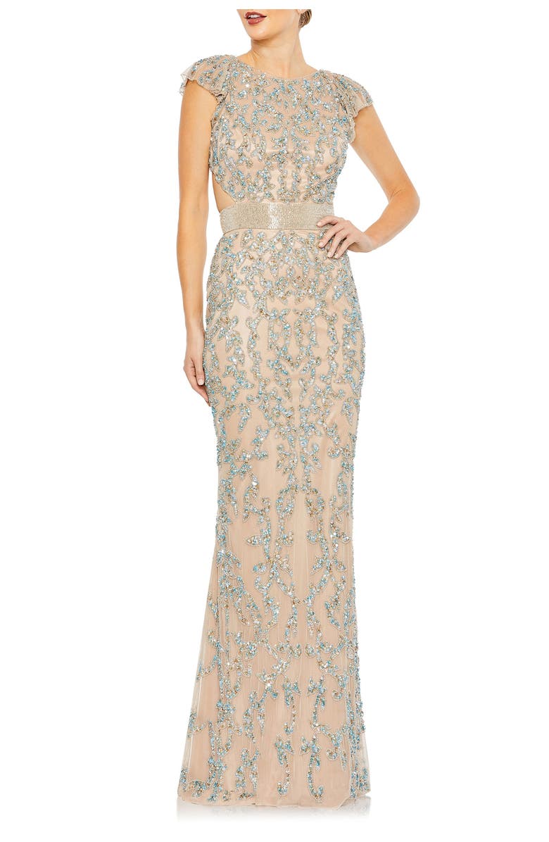 Mac Duggal Hand-Embellished Gown with Illusion Neckline, Beaded Cummerbund & Lace-Up Back, Main, color, Beige Multi