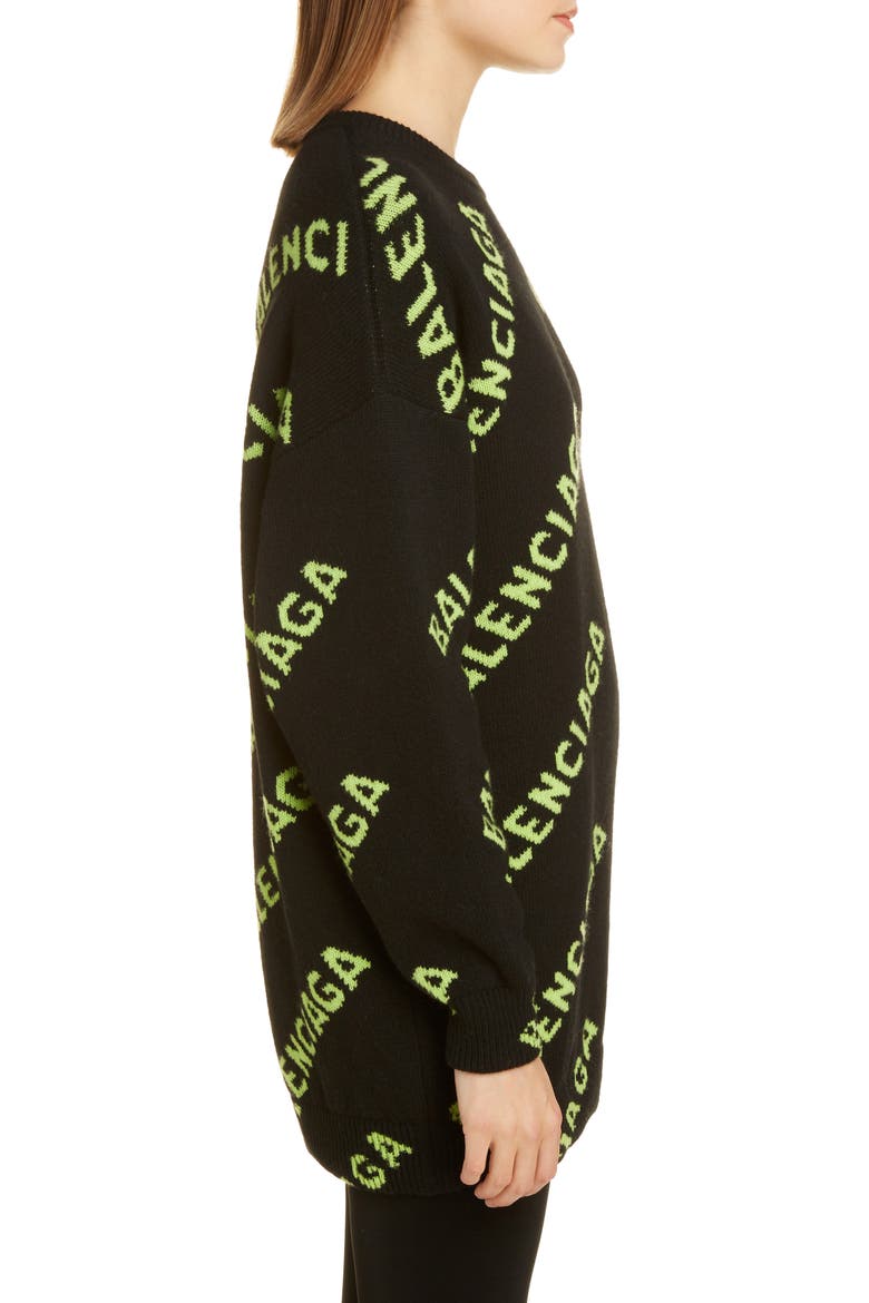 Oversize Logo Jacquard Wool Blend Sweater, Alternate, color, BLACK/ ACID GREEN