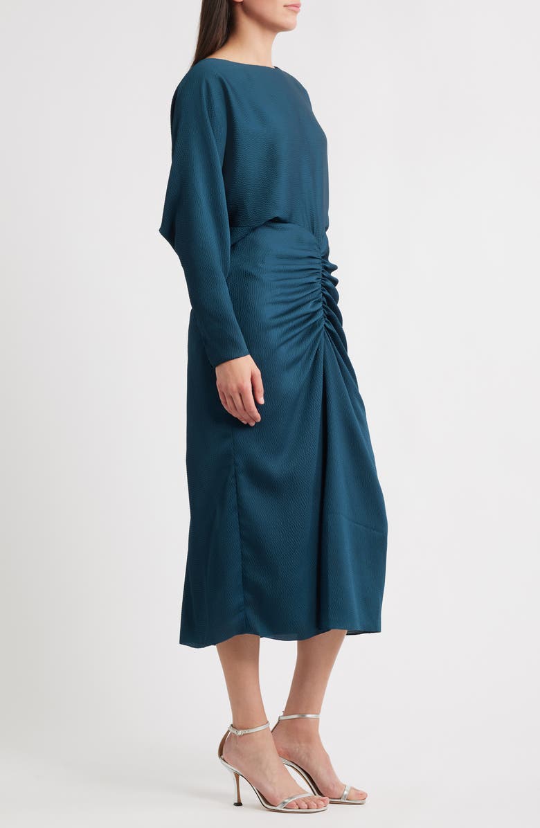 Amsale Ruched Long Sleeve Cocktail Dress, Alternate, color, Petrol