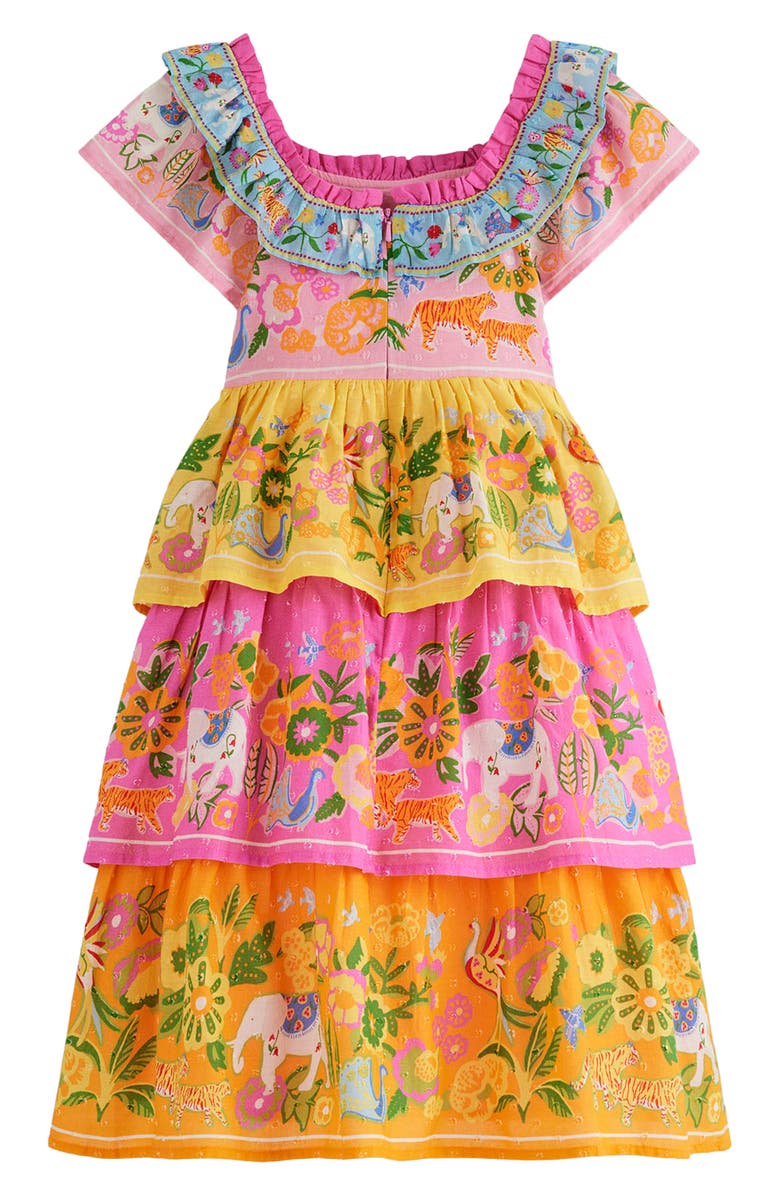 Mini Boden Kids' Tiered Ruffled Woven Dress, Alternate, color, Sunflower Yellow Jungle Animal