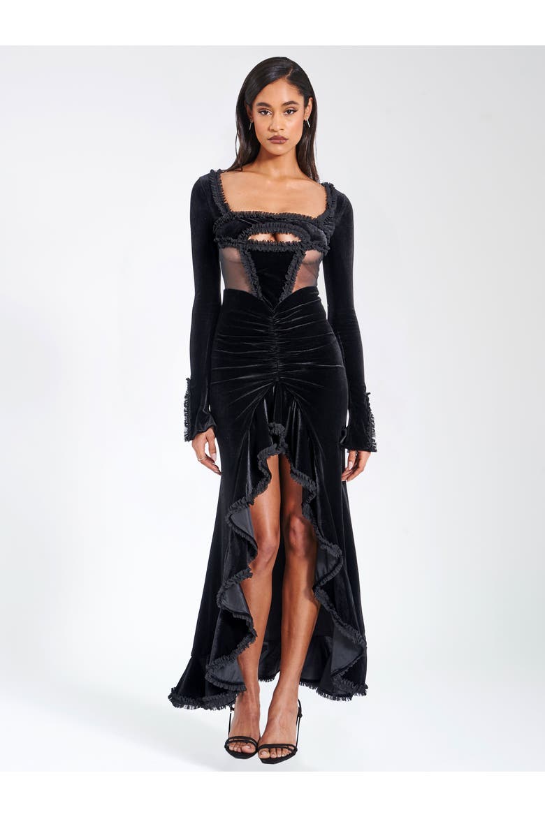 Maeve Velvet and Mesh Long Sleeve Maxi Dress, Main, color, Black
