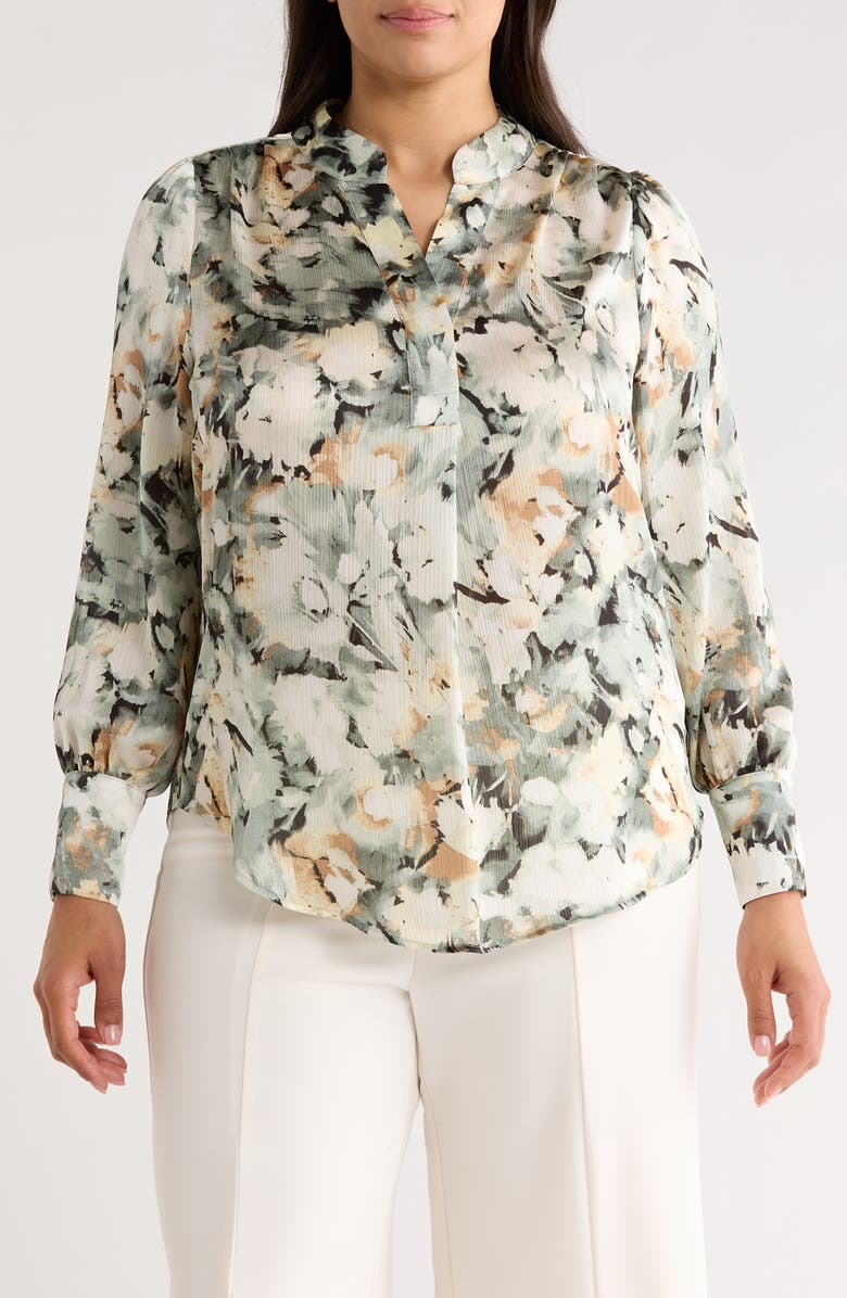 Anne Klein Pleated Split Neck Top, Main, color, Soft Aloe Multi