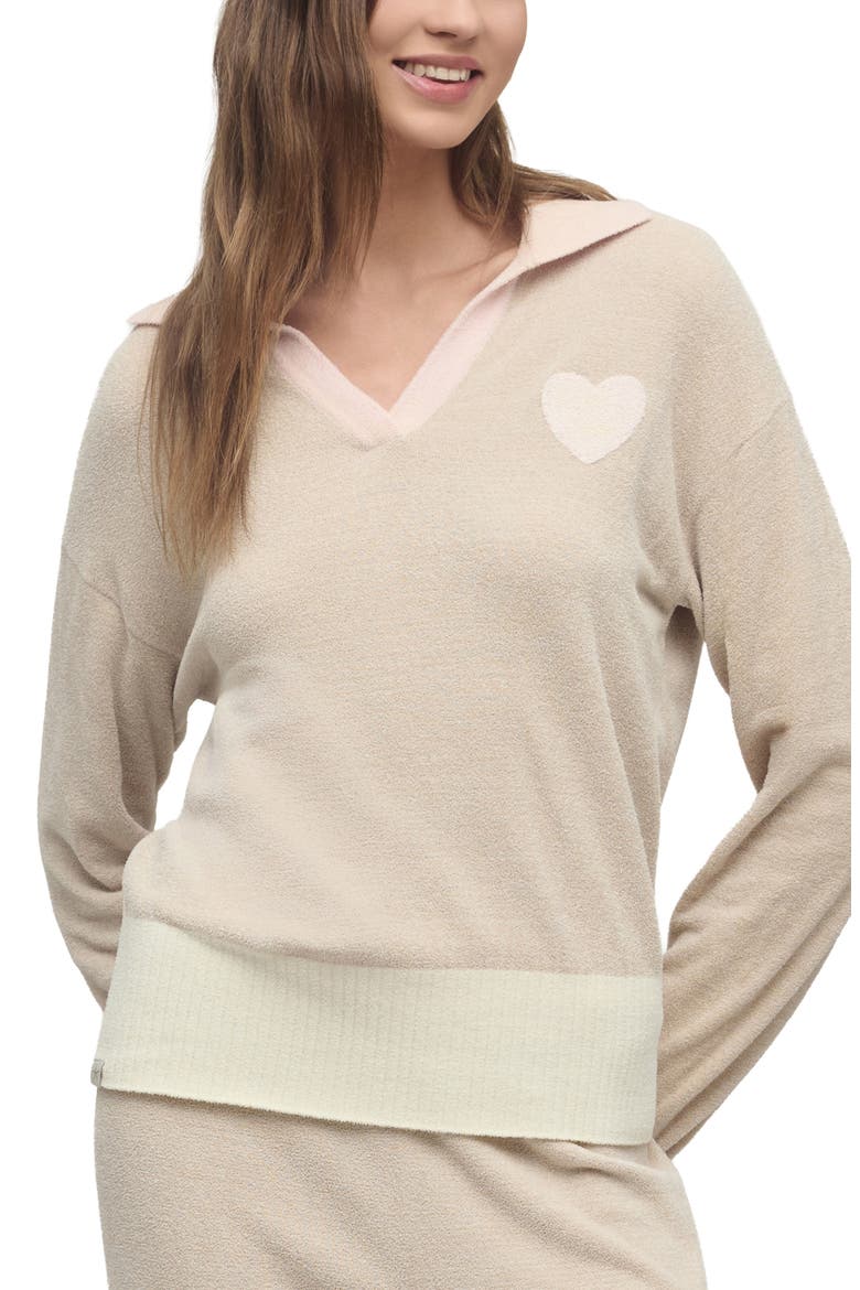 CozyChic® Ultra Lite® Heart Accent Johnny Collar Lounge Top, Alternate, color, STONE MULTI