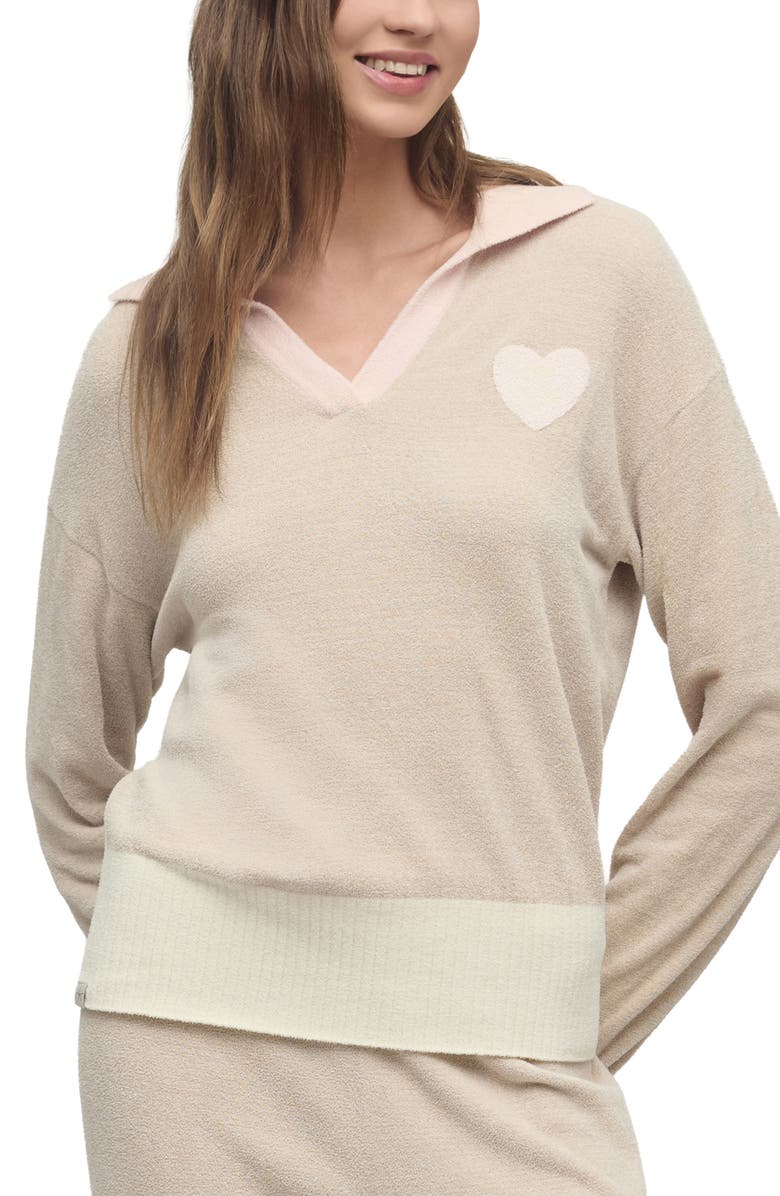 Barefoot Dreams<sup>®</sup> CozyChic<sup>®</sup> Ultra Lite<sup>®</sup> Heart Accent Johnny Collar Lounge Top, Alternate, color, Stone Multi