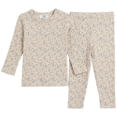 Floral Cotton Rib Long Sleeve Top and Elastic Waist Pants Set