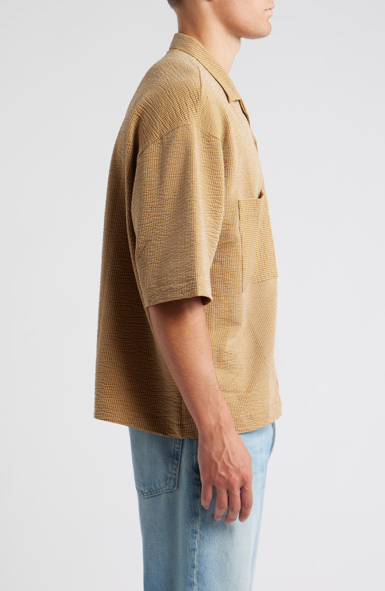 Topman Pinstripe Knit Cotton Blend Camp Shirt, Alternate, color, Mustard