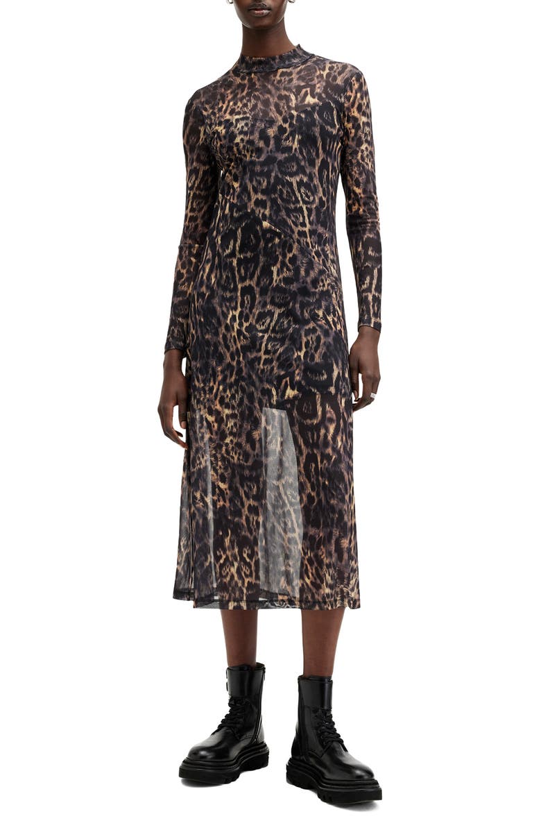 AllSaints Hanna Long Sleeve Mesh Midi Dress, Main, color, 