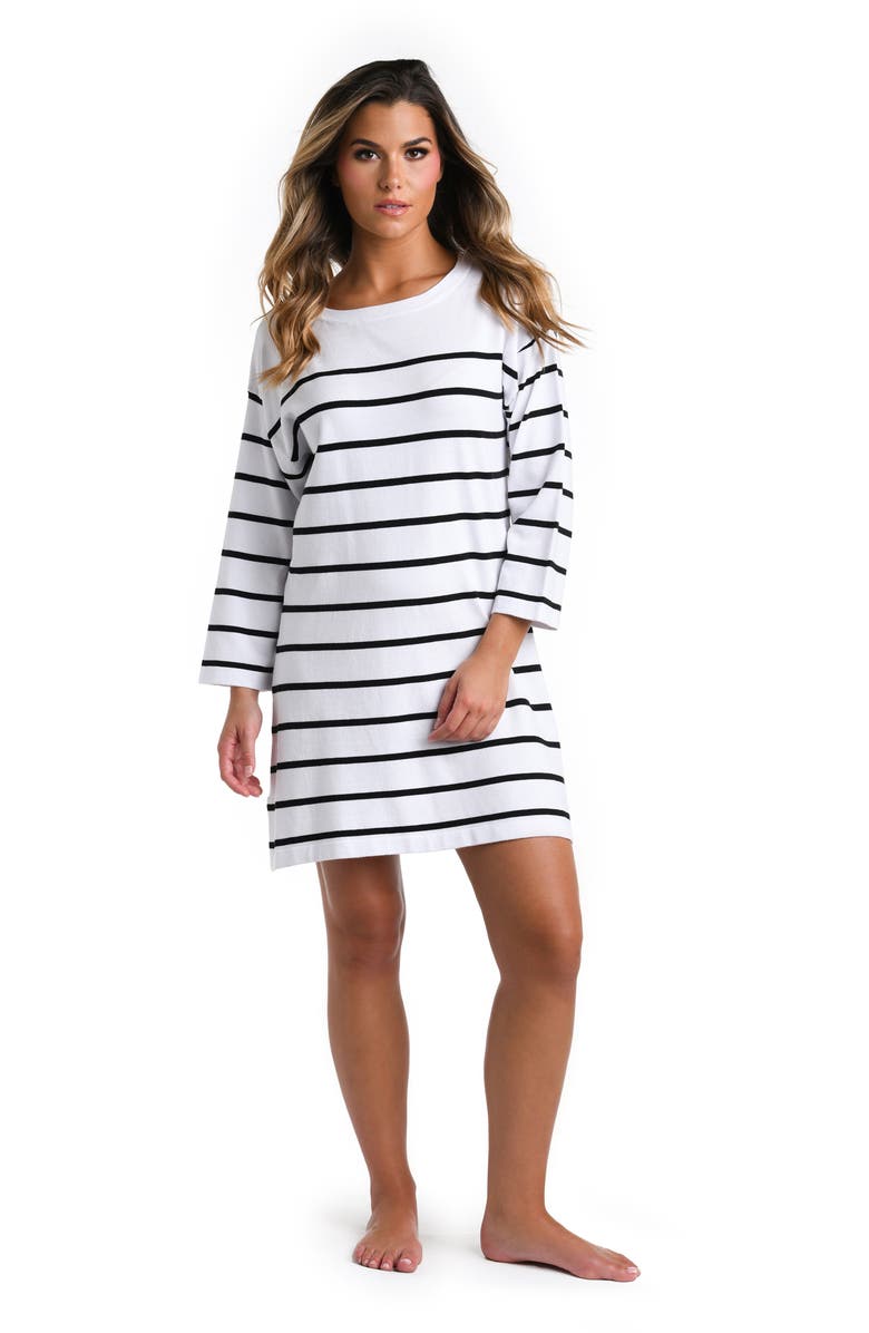 La Blanca Stripe Boat Neck Cover-Up Tunic, Alternate, color, White With Black