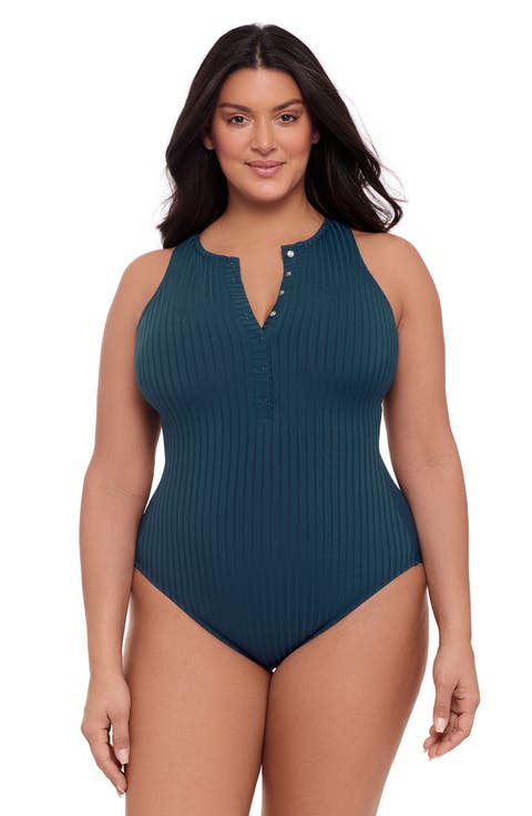 Ribbed High Neck Snap Front One Piece Swimsuit