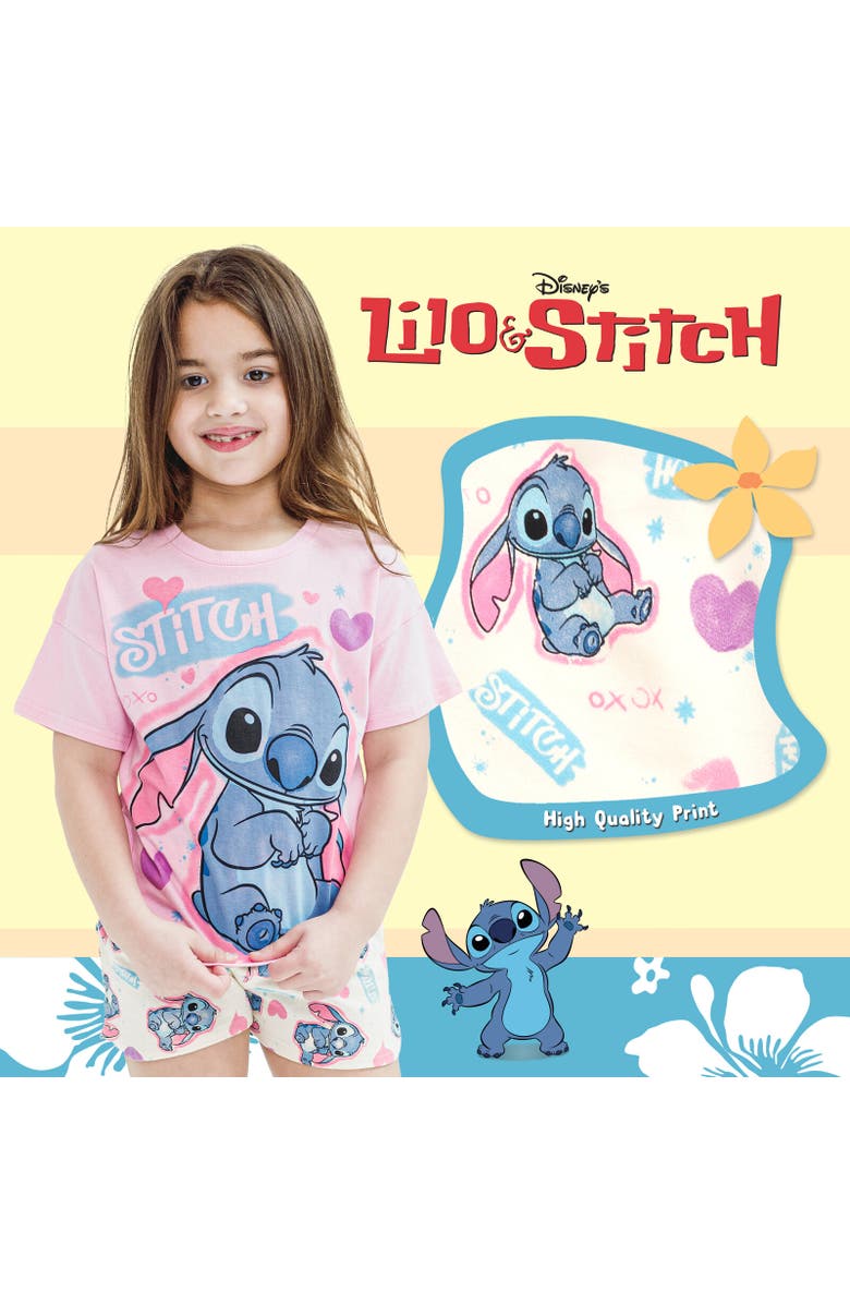 Disney Airbrush Graphic Short Sleeve Tee and French Terry Dolphin Shorts Outfit, Alternate, color, Stitch Pink Blue