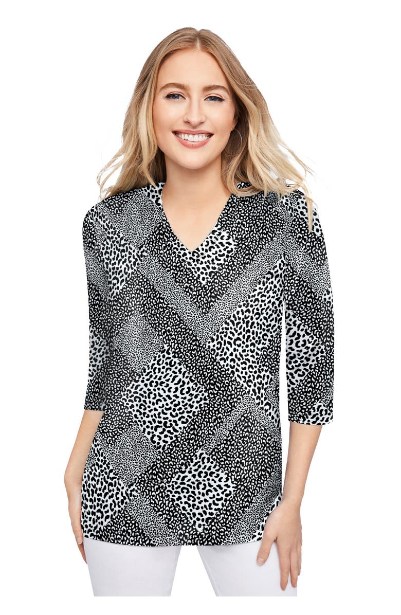 Jessica London Stretch Cotton V-Neck Tee, Main, color, Black Animal Patchwork