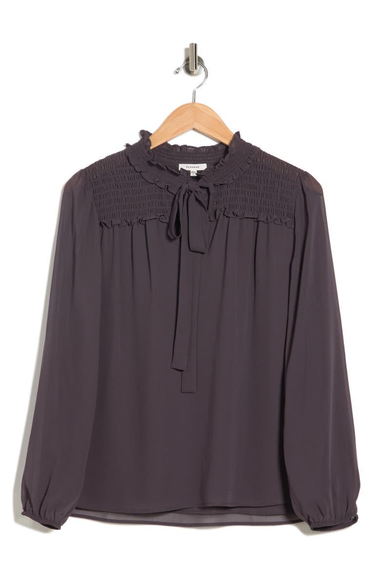 Long Sleeve Ruched Tie Front Top, Alternate, color, GUNMETAL