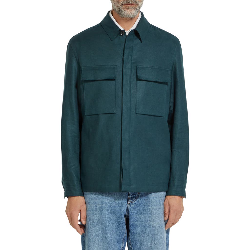 Zegna Overshirt Linen Concealed Placket In Teal Green