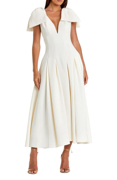 Women's Crepe A Line Midi Dress With Bow Straps
