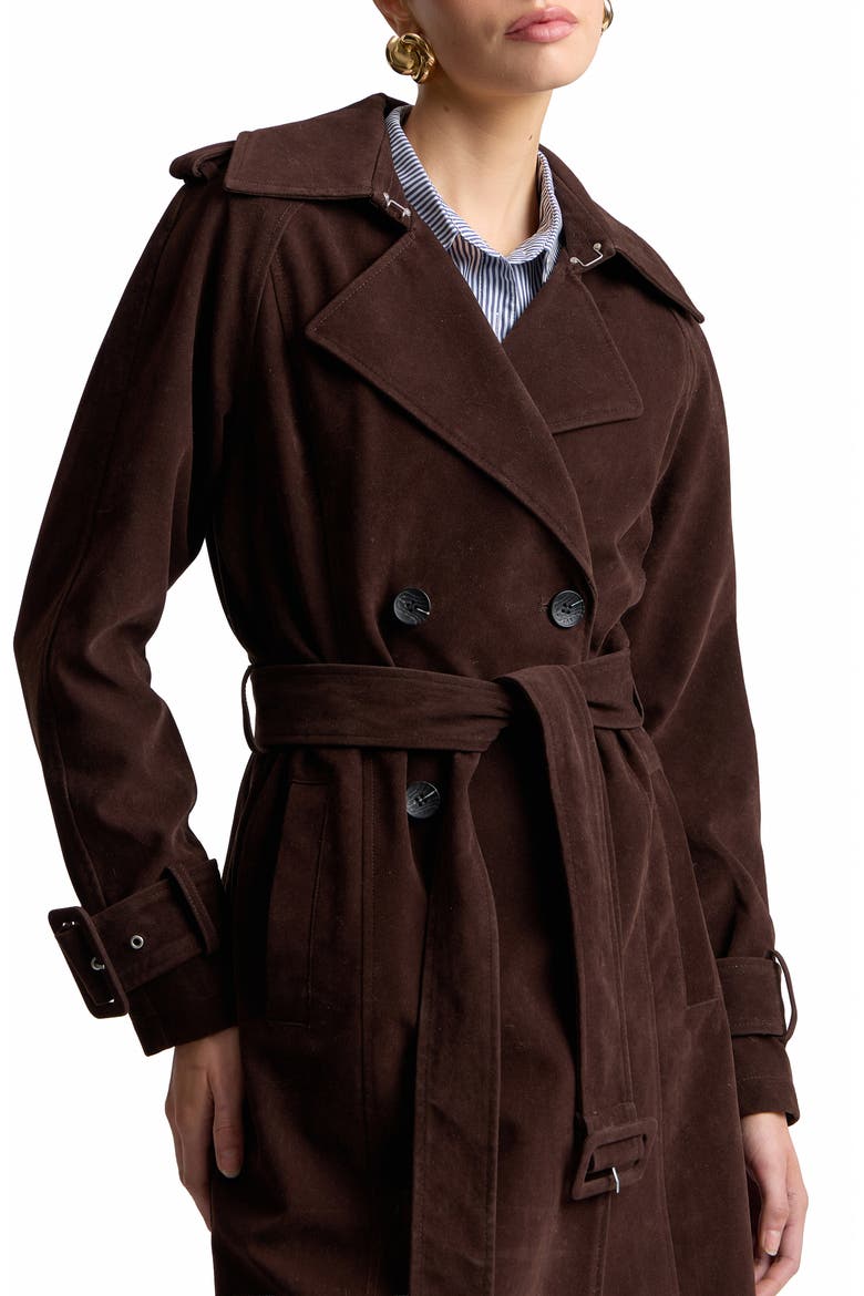 Double Breasted Faux Suede Trench Coat, Alternate, color, CHOCOLATE
