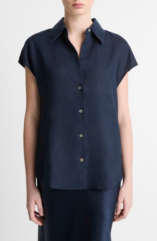 Vince Cap-sleeve Linen Button-front Blouse In Coastal Blue