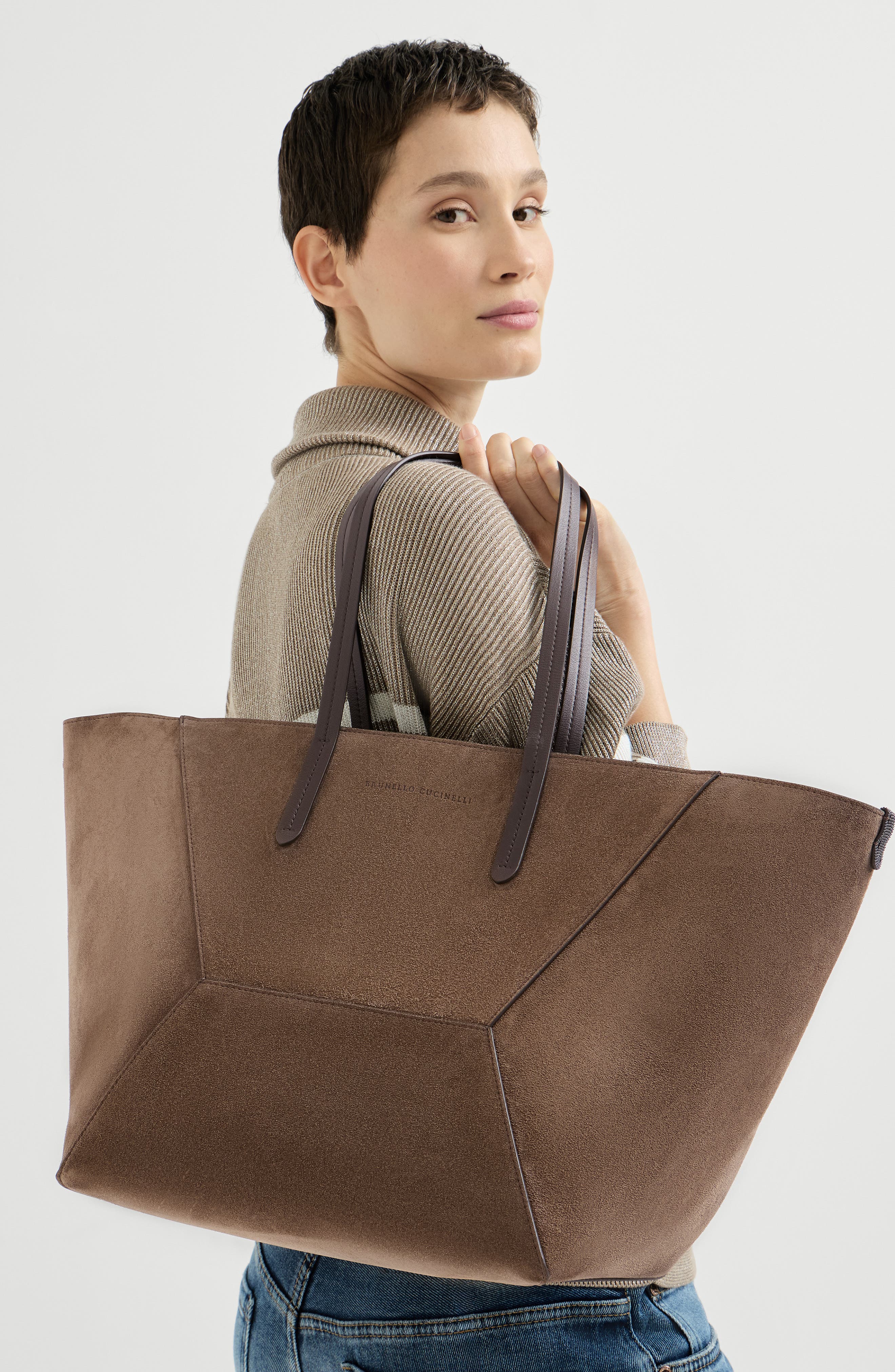 BC Duo bag in suede with monili, Alternate, color, Brown