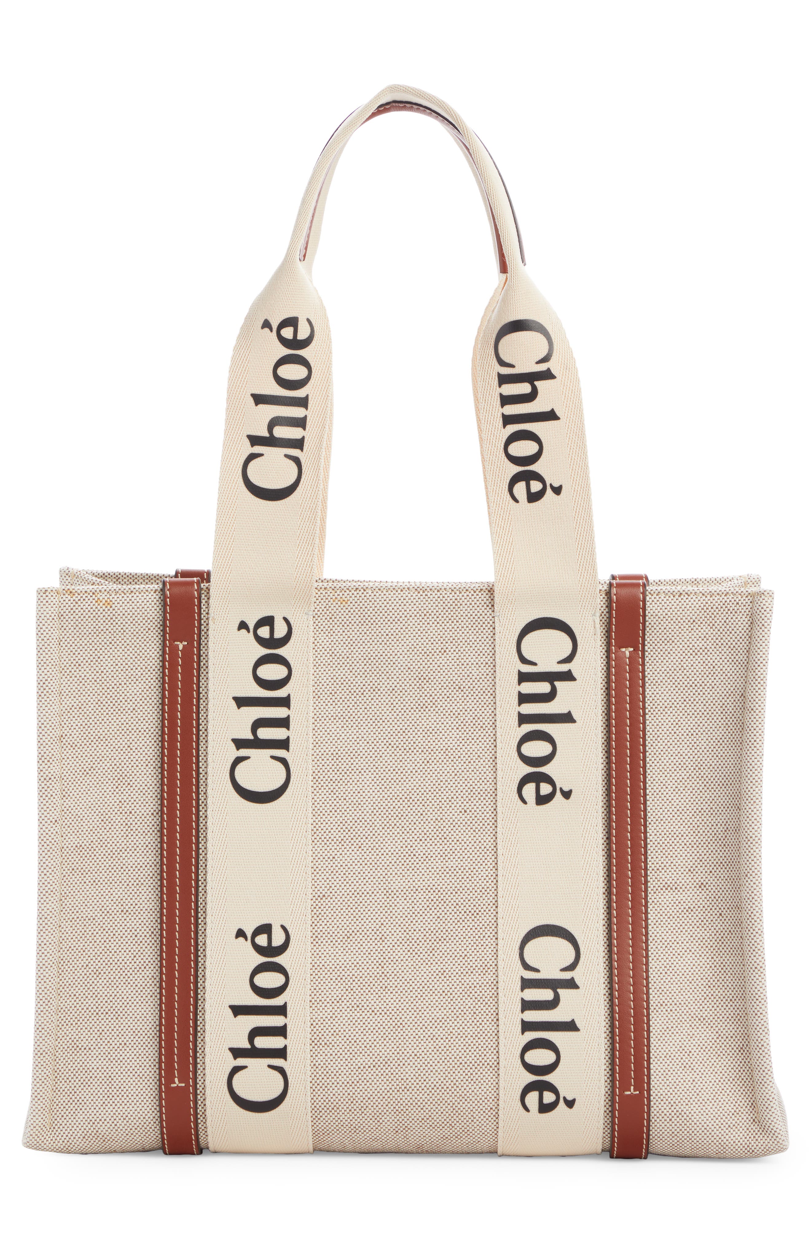 Medium Woody Logo Strap Canvas Tote, Alternate, color, WHITE - BROWN 1