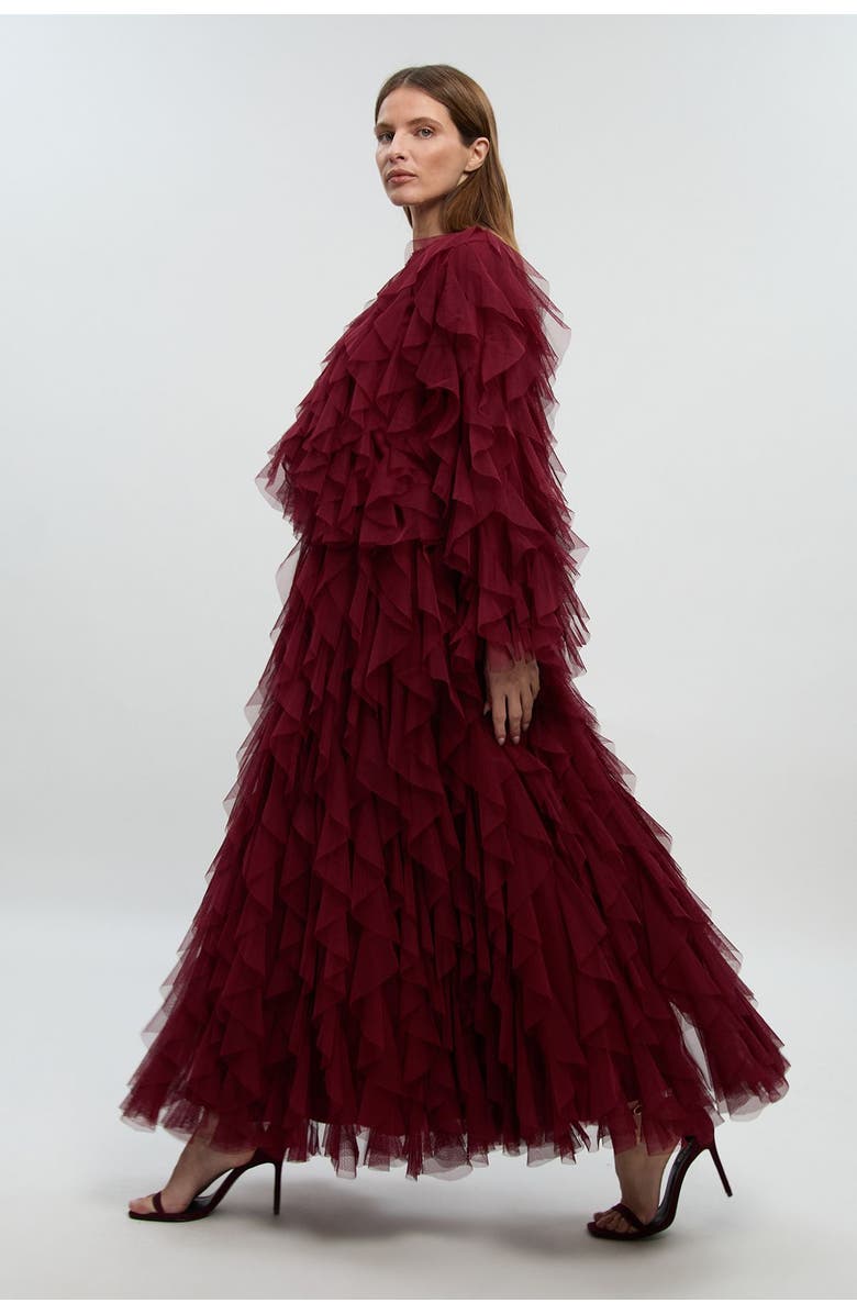 Karen Millen Tulle Ruffle Detail Woven Jacket, Alternate, color, Cabernet