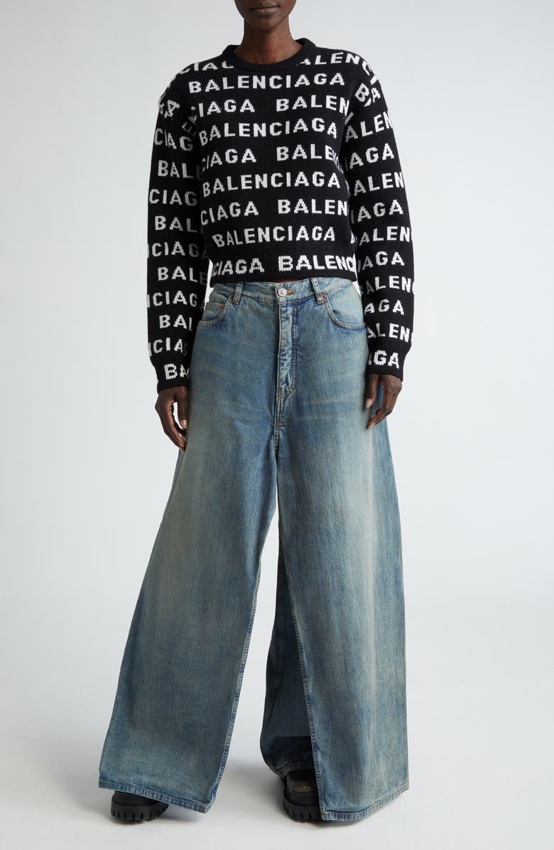 Balenciaga Allover Logo Crop Wool Blend Sweater, Alternate, color,