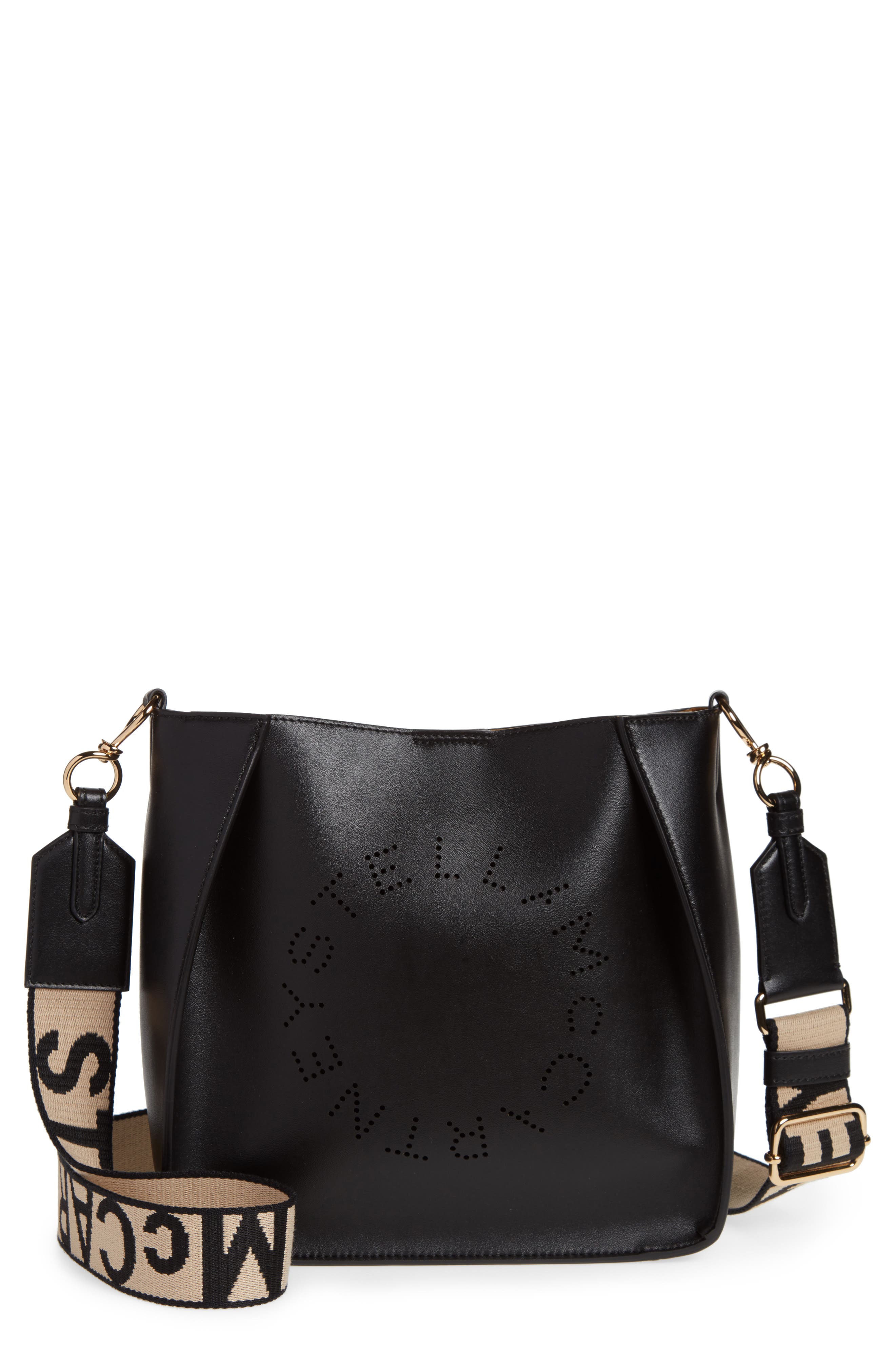Perforated Logo Faux Leather Crossbody Bag, Main, color, BLACK