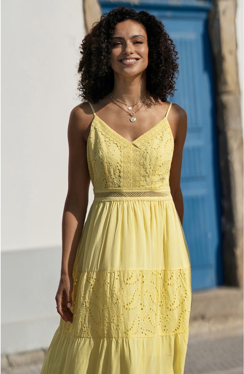 Yumi Cotton Lace Trim Midi Dress, Alternate, color, Butter Yellow