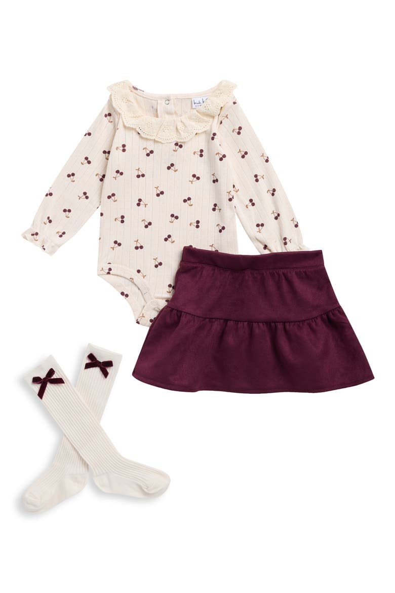 Kids' Cherry Bodysuit, Skirt & Socks Set, Main, color, FIG