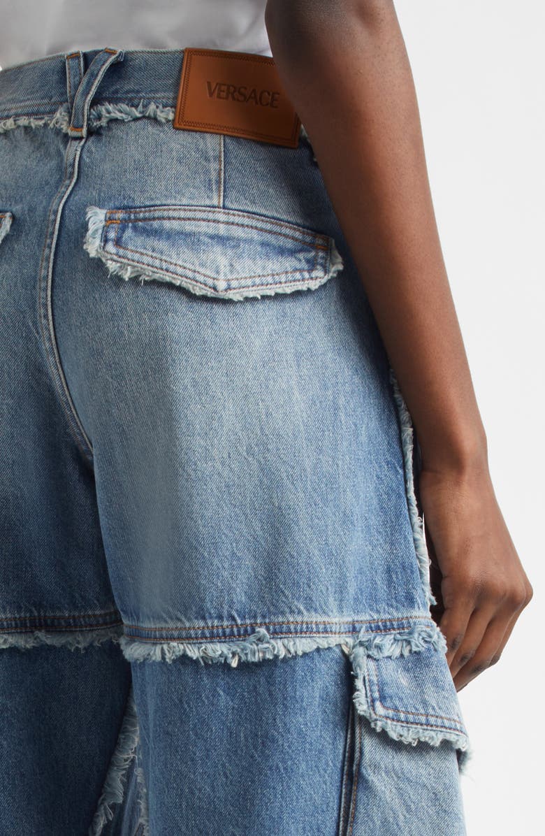 Versace Frayed Raw Cut Wide Leg Cargo Jeans, Alternate, color, Medium Blue