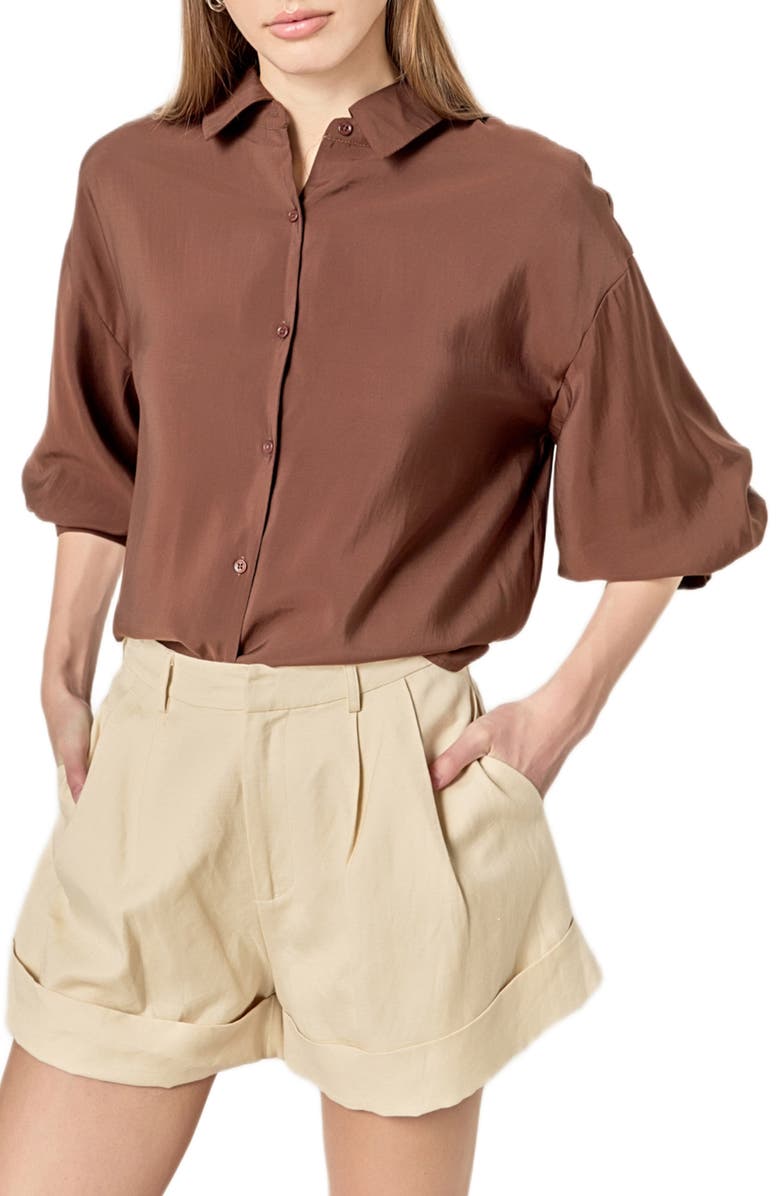 English Factory Balloon Sleeve Button-Up Shirt, Alternate, color, Chocolate Brown