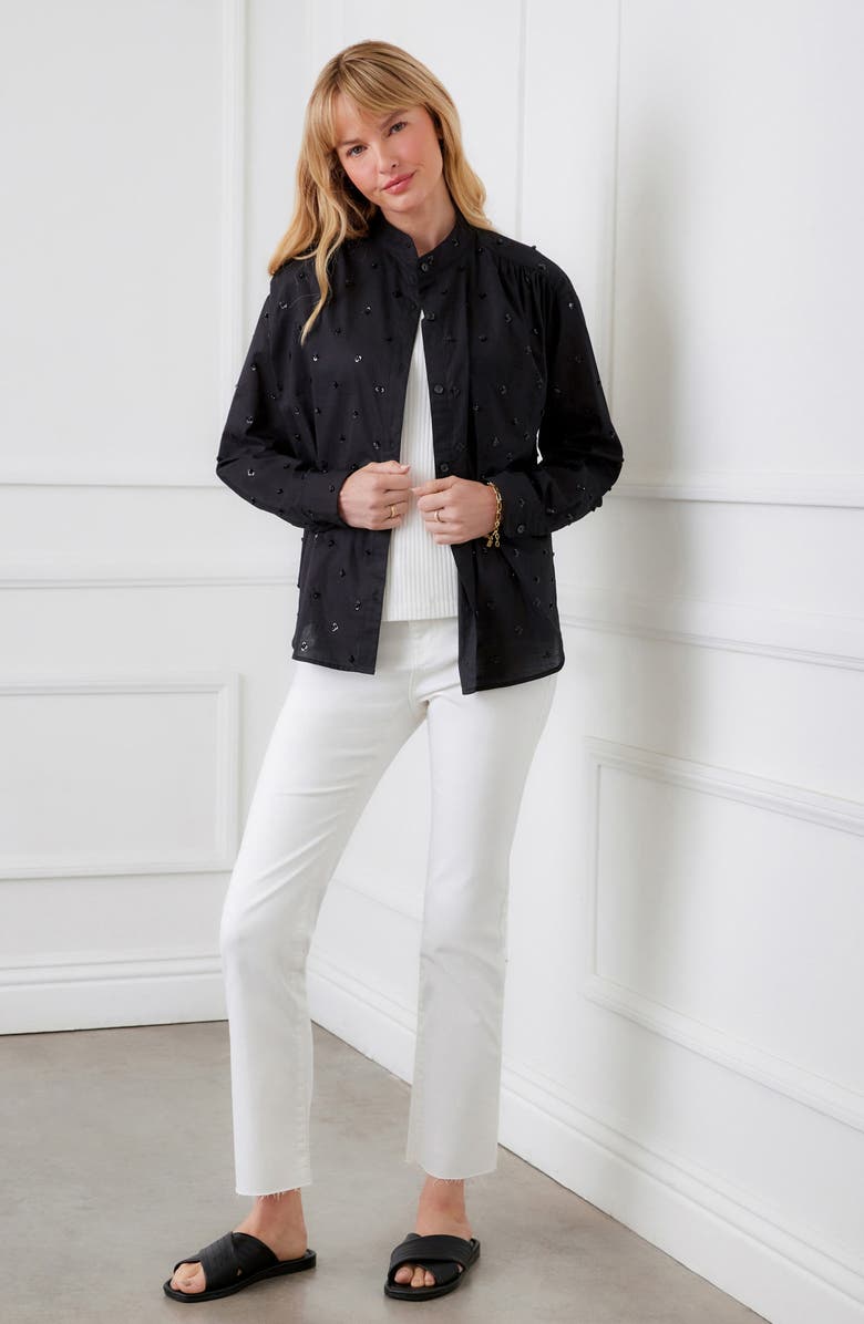 Karen Kane Floral Embellished Button-Up Shirt, Alternate, color, Black