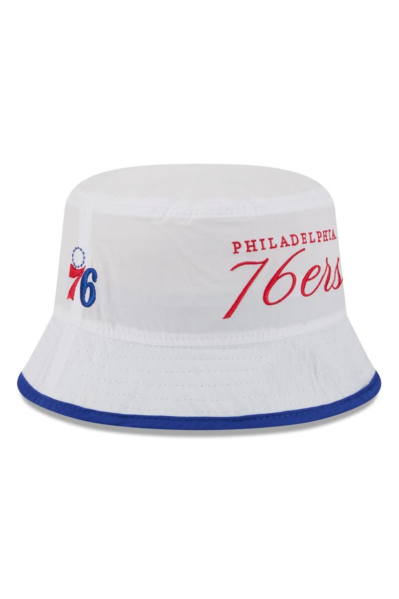 Men's New Era White/Royal Philadelphia 76ers 2025 NBA Draft Nylon Bucket Hat, Main, color, White