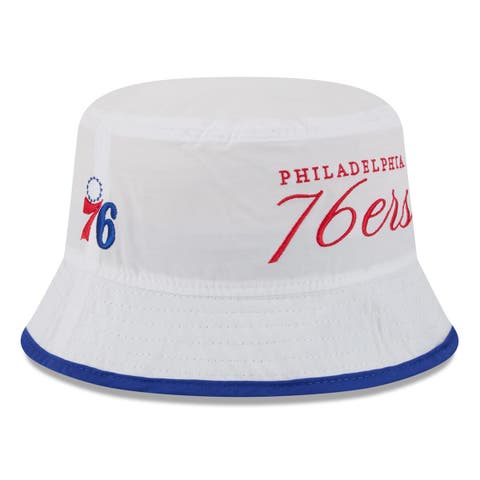 Men's New Era White/Royal Philadelphia 76ers 2025 NBA Draft Nylon Bucket Hat