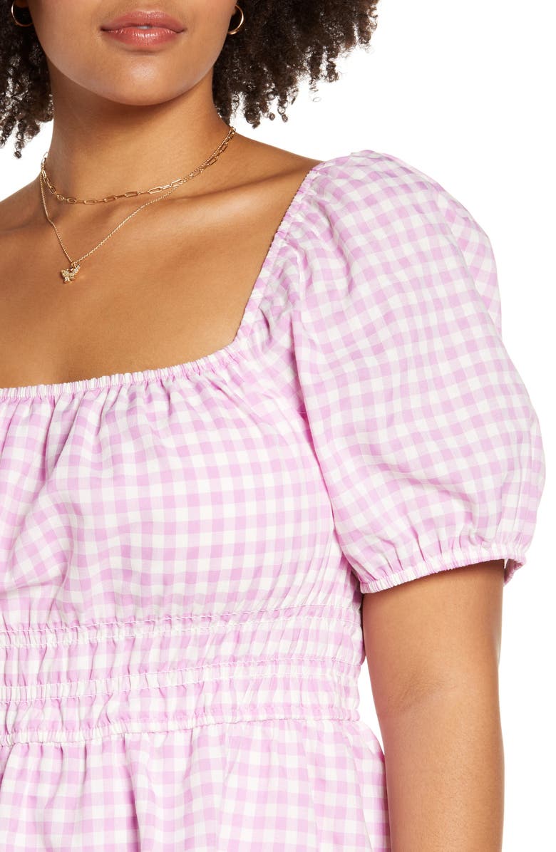 BP. Shirred Gingham Print Puff Sleeve Prairie Dress, Alternate, color, 