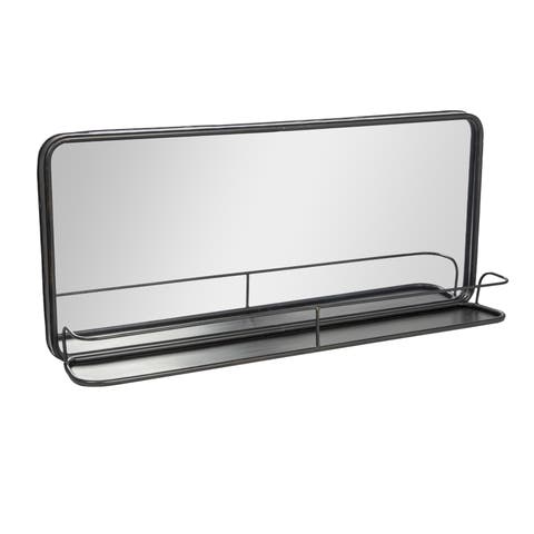 Wide Metal Framed Rectangle Wall Mirror with Shelf, Black