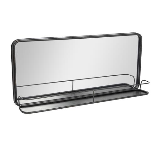 Storied Home Wide Metal Framed Rectangle Wall Mirror With Shelf, Black In Black