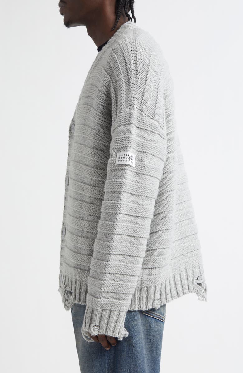 MM6 Maison Margiela Distressed Virgin Wool Blend V-Neck Cardigan, Alternate, color, Light Grey Melange