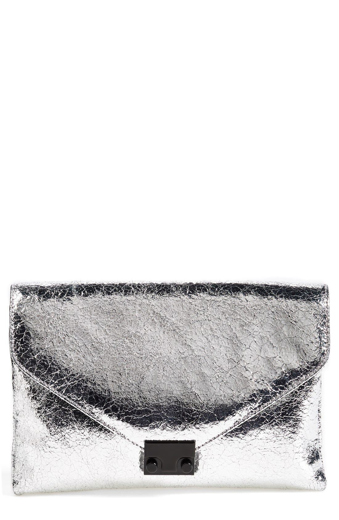 'Lock' Metallic Leather Clutch, Main, color, SILVER