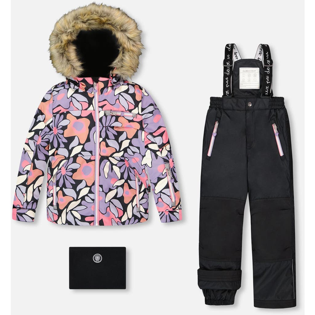 Deux Par Deux Two-piece Play Snowsuit With Allover Jacket And Solid Pant In Multi