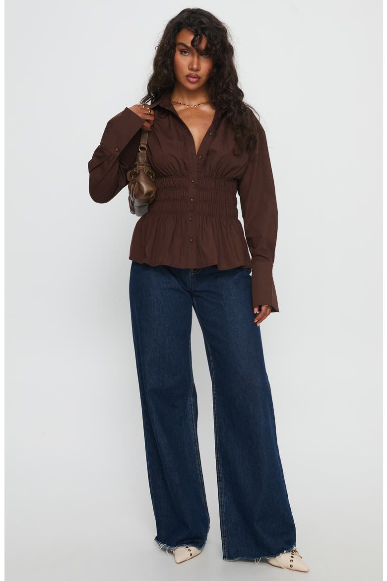 As You Are Shirred Button-Up Shirt, Alternate, color, CHOCOLATE